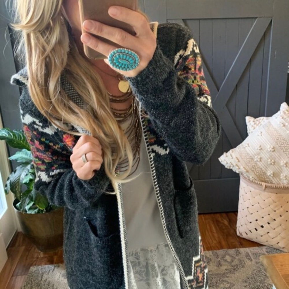 New Tribal Print Long Black Cardigan Hooded Sweater Southwest Western